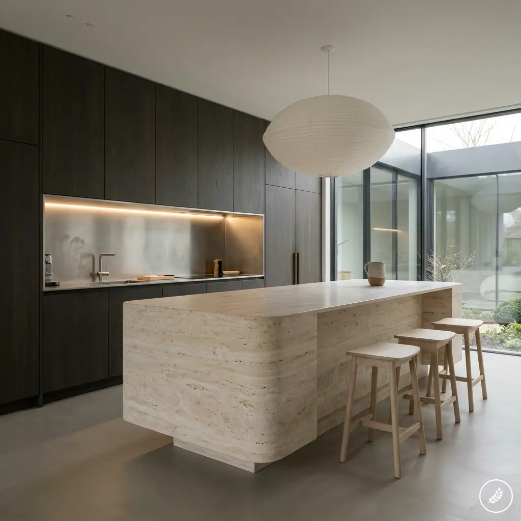 Travertine_kitchen_with_oak_cabi_202609052346 Modern kitchen with dark wood cabinets and a large beige marble island with seating for four beneath a white pendant light. | Sky Rye Design Modern kitchen with dark wood cabinetry, an illuminated stainless steel niche, and a travertine island with wooden barstools
