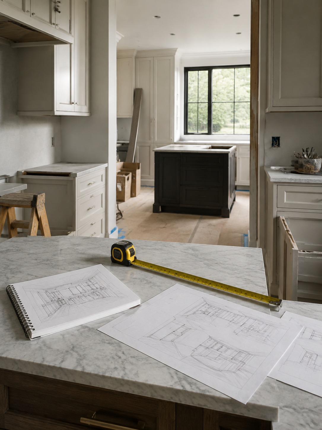 Kitchen remodel planning with countertop sketches kitchen remodel planning with a tape measure and floor plan sketches on a countertop | Sky Rye Design kitchen remodel planning with a tape measure and floor plan sketches on a countertop