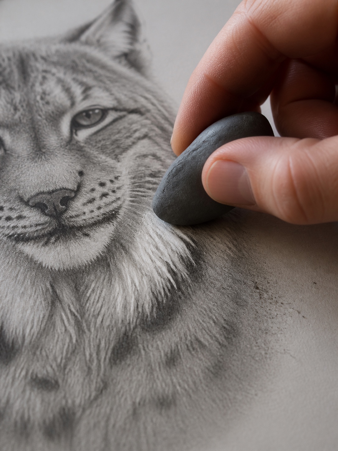 Artist using a kneaded eraser to lift a highlight from a graphite lynx ruff drawing.