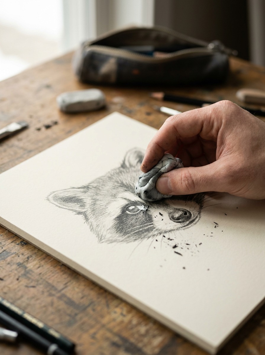Artist lifting a highlight from a raccoon mask with a kneaded eraser