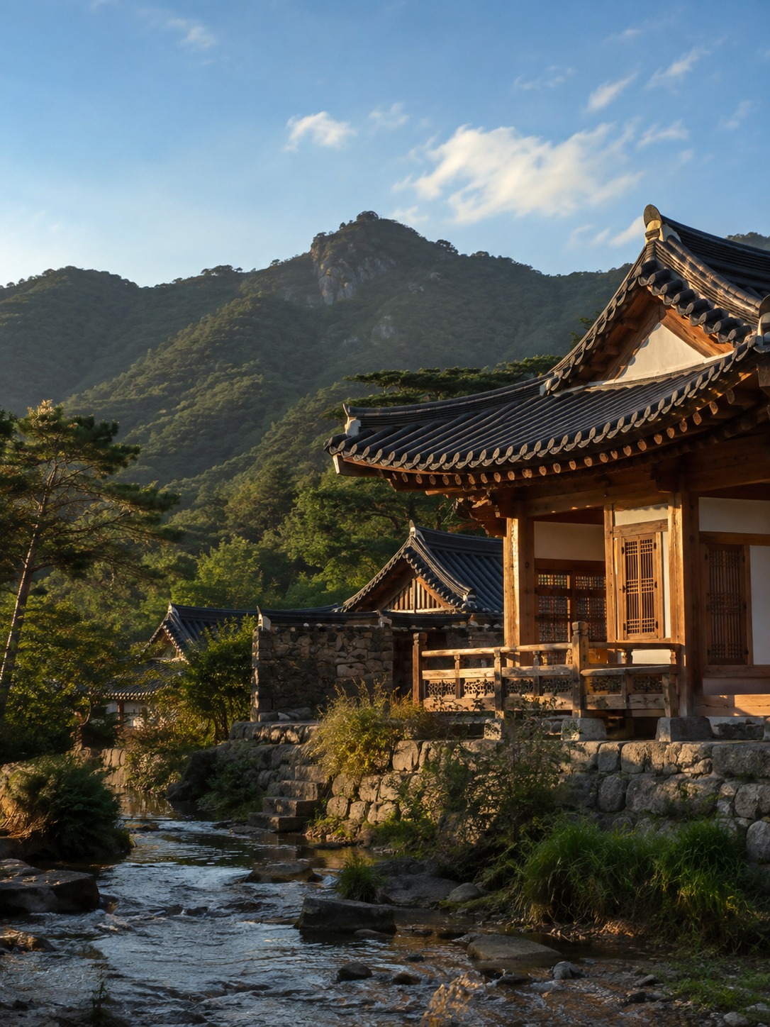 Traditional Korean hanok with a curved tiled roof set between mountains and a stream.