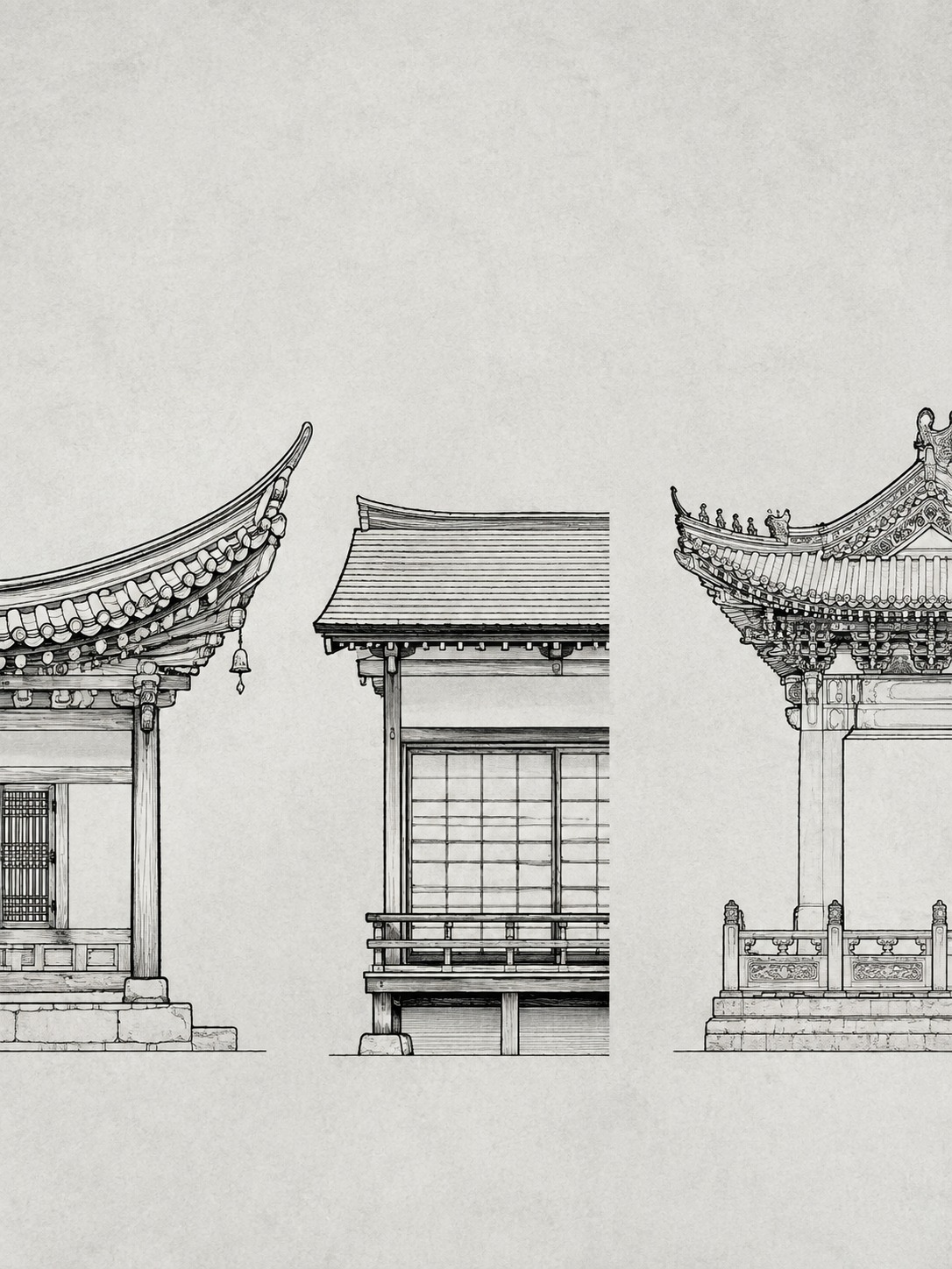 Minimal roofline comparison showing Korean cheoma, Japanese straight eaves, and Chinese flared corners.