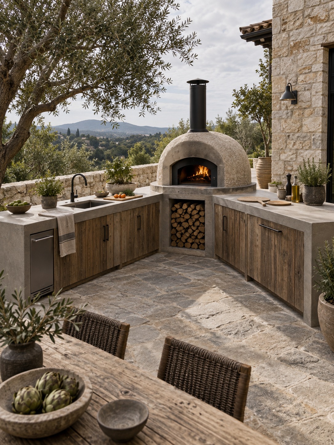 L shaped outdoor kitchen oven zone L-shaped outdoor kitchen with a separate oven and preparation area | Sky Rye Design L-shaped outdoor kitchen with a separate oven and preparation area