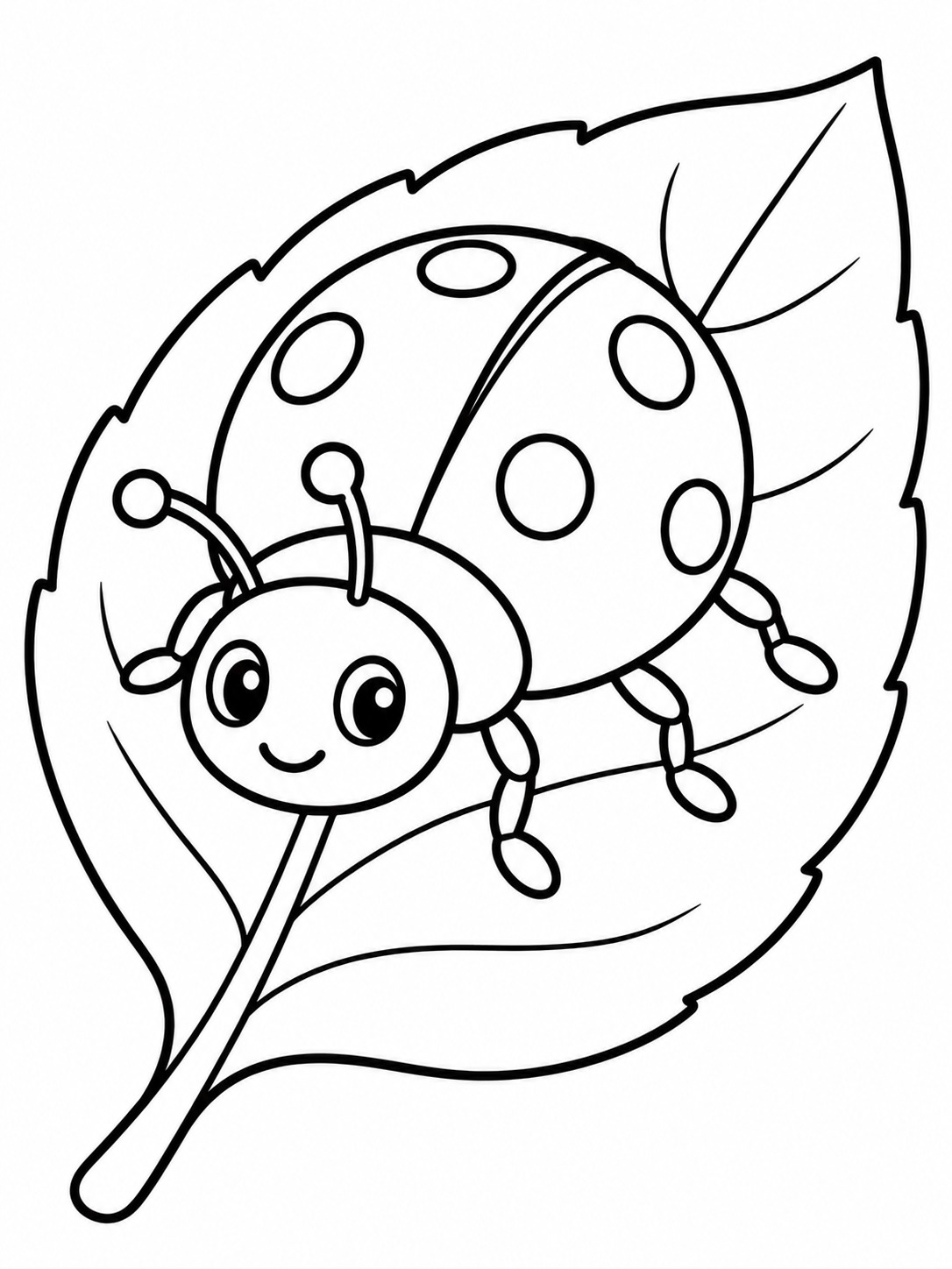 Ladybug on a leaf easy coloring page Ladybug resting on one large leaf with thick outlines and open coloring spaces. | Sky Rye Design Ladybug resting on one large leaf with thick outlines and open coloring spaces.