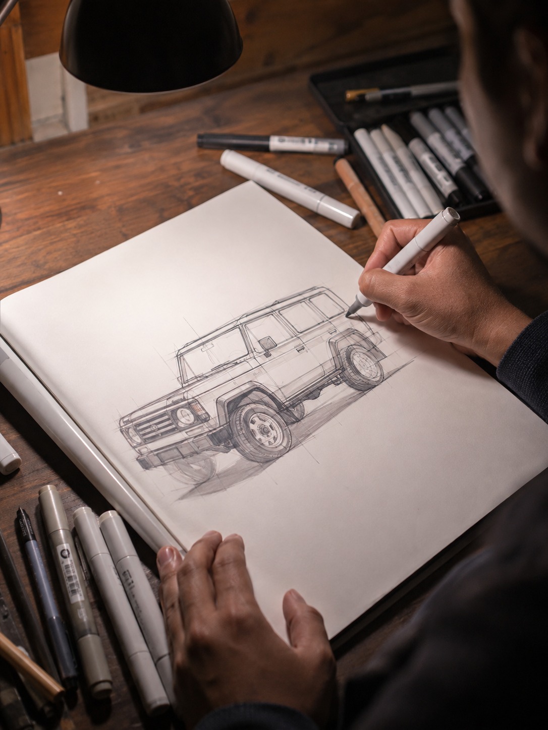 Sketching Land Cruiser boxy proportions in marker Hands sketching the boxy proportions of a Toyota Land Cruiser in marker with drawing tools nearby. | Sky Rye Design Hands sketching the boxy proportions of a Toyota Land Cruiser in marker with drawing tools nearby.