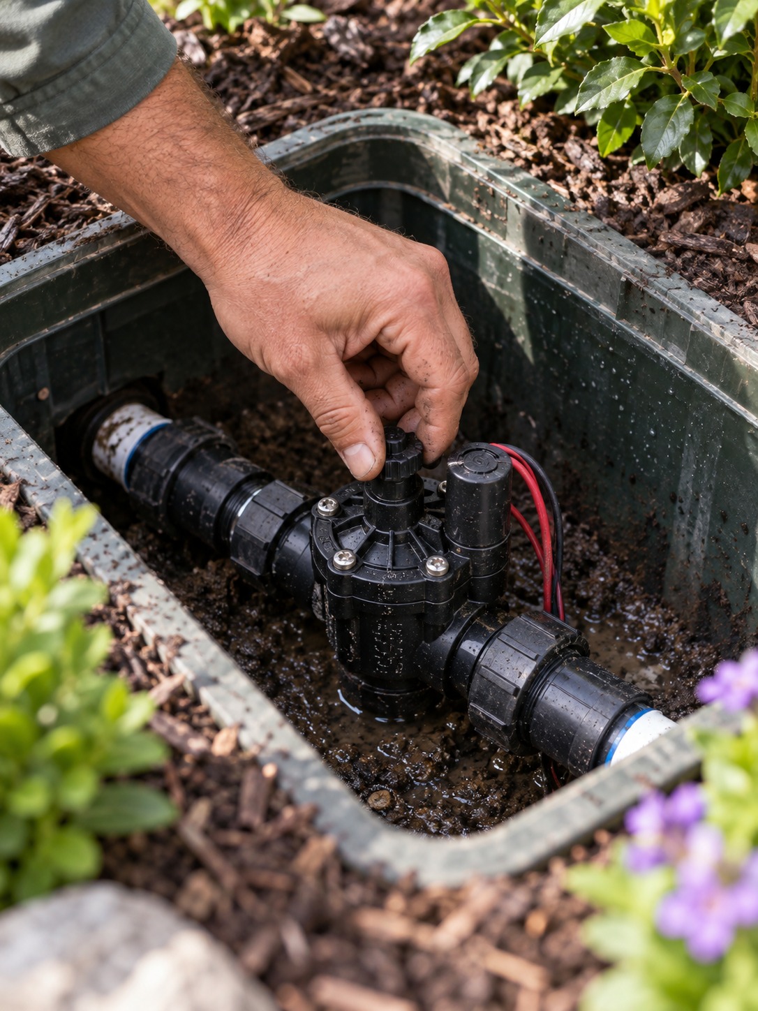 Landscape professional adjusting an irrigation valve beside a modern planting bed