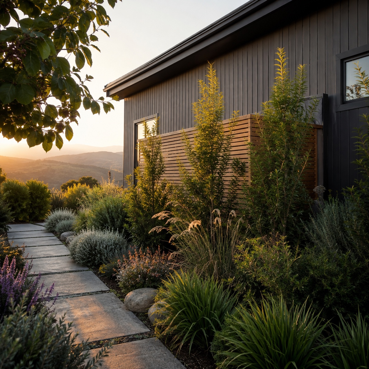 Landscaped Side Yard Concealing Mechanical Equipment Modern dark-house exterior with a wooden privacy screen and a landscaped drought-tolerant garden along a stepping-stone path at sunset | Sky Rye Design Landscaped modern side yard concealing mechanical equipment behind planting and wood screening.