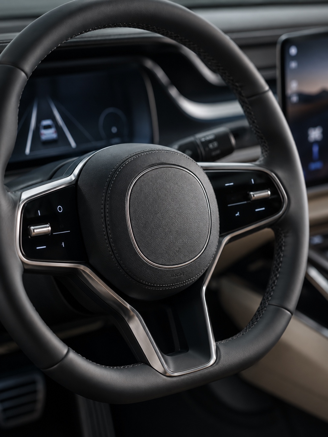 Lane Assist Capacitive Steering Wheel Modern steering wheel with integrated capacitive touch sensors for lane assistance | Sky Rye Design Modern steering wheel with integrated capacitive touch sensors for lane assistance