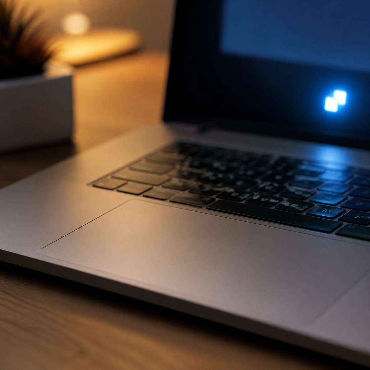 Close-up of a laptop keyboard with a subtle security notification glow