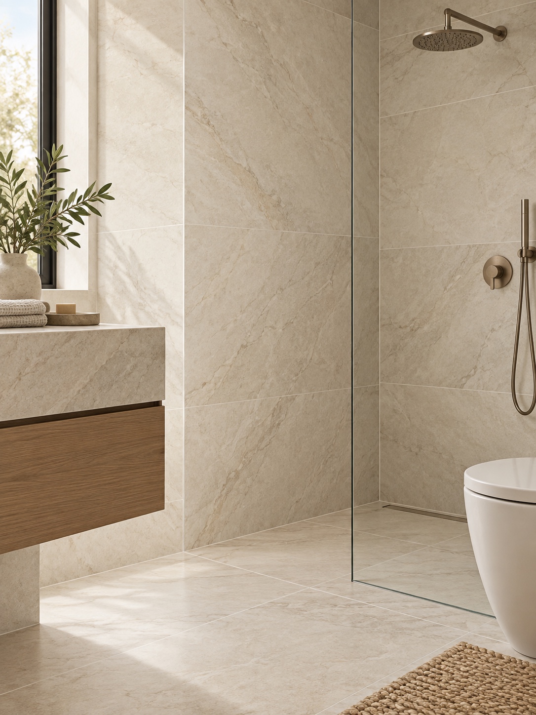 Large-format floor tile with subtle stone veining in directional daylight