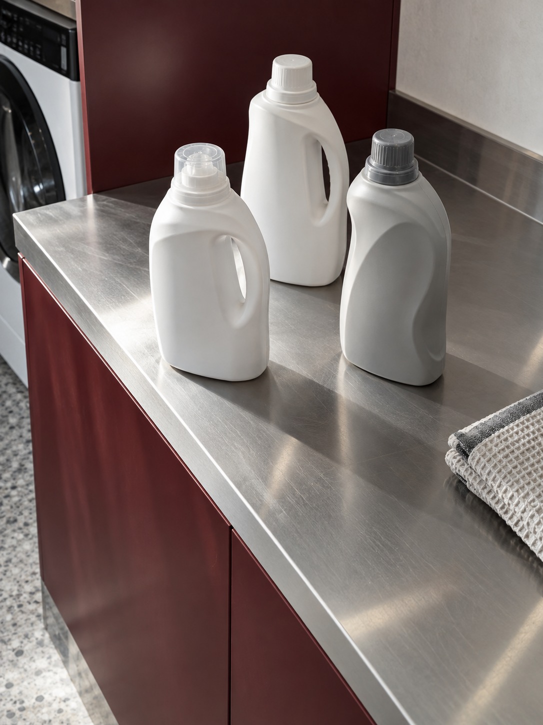 Detergent packaging comparison Three closed detergent bottles arranged diagonally on brushed steel | Sky Rye Design Three closed detergent bottles arranged diagonally on brushed steel