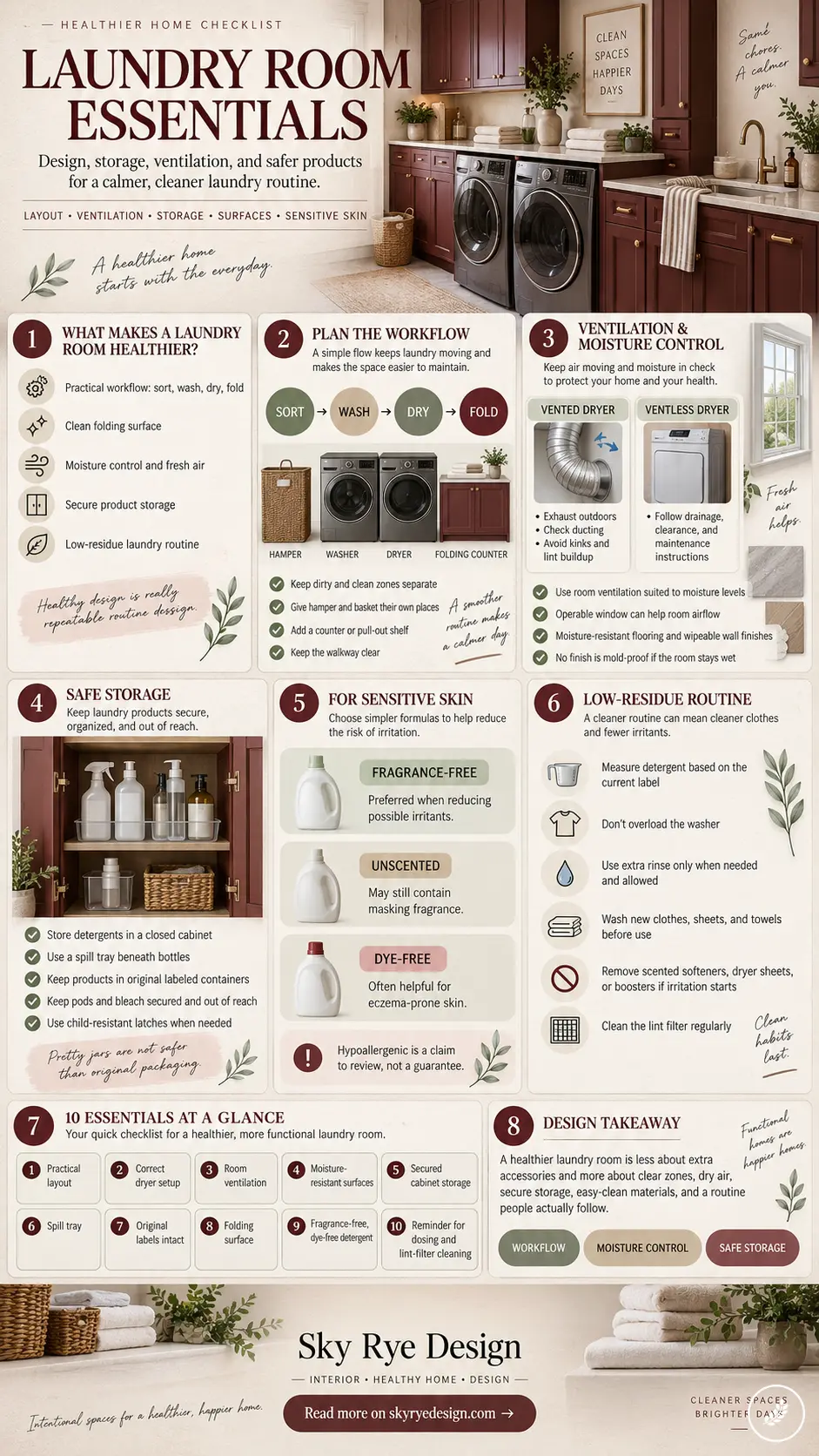 2dca2589-f121-479c-8b07-87cb7957a622 Infographic titled Laundry Room Essentials showing eight tips for a healthier, organized laundry space. | Sky Rye Design Infographic titled Laundry Room Essentials showing eight tips for a healthier, organized laundry space.