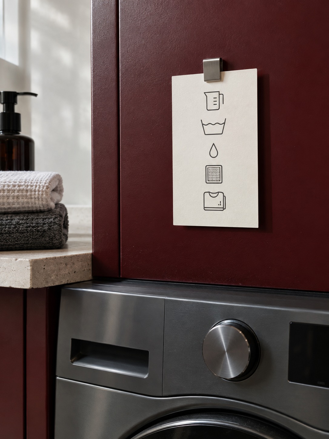 Laundry routine card Minimal laundry reminder card above a graphite washer control panel | Sky Rye Design Minimal laundry reminder card above a graphite washer control panel