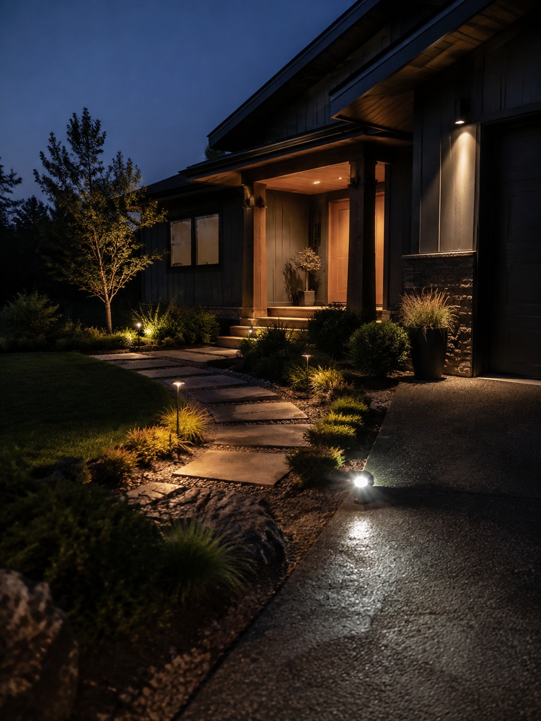 Layered exterior security lighting A modern home exterior at dusk with warm porch lights, low path lights, and driveway lighting layered without glare. | Sky Rye Design A modern home exterior at dusk with warm porch lights, low path lights, and driveway lighting layered without glare.