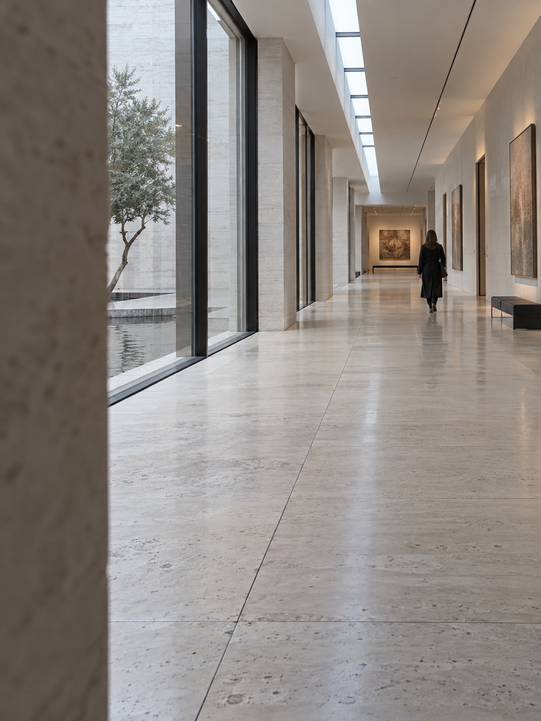 Leading lines in a museum corridor Lone figure crossing a pale modern museum corridor where floor joints and door frames guide the eye. | Sky Rye Design Lone figure crossing a pale modern museum corridor where floor joints and door frames guide the eye.