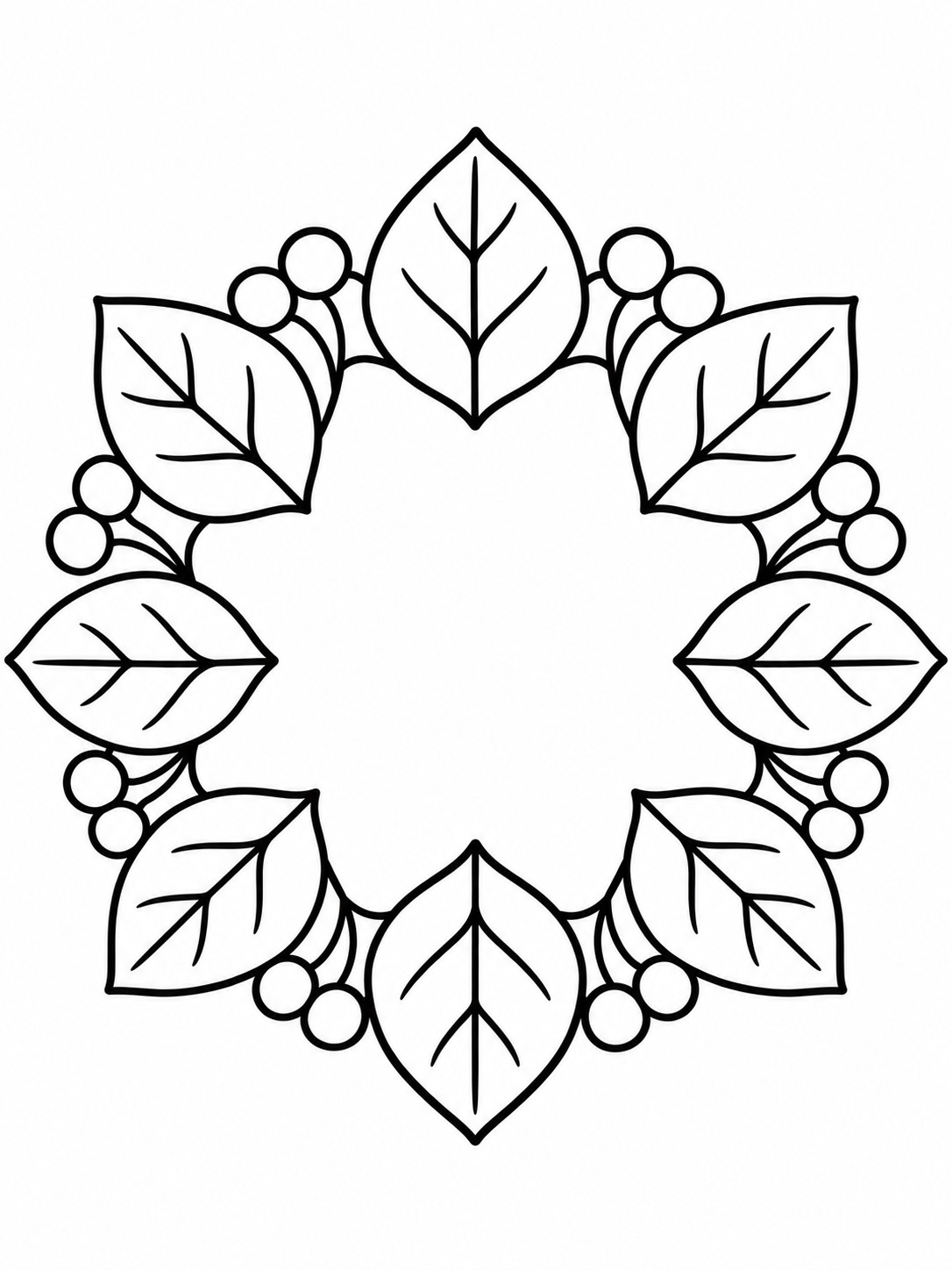 Leaf wreath mandala coloring page Round wreath mandala with evenly spaced broad leaves and berry circles. | Sky Rye Design Round wreath mandala with evenly spaced broad leaves and berry circles.