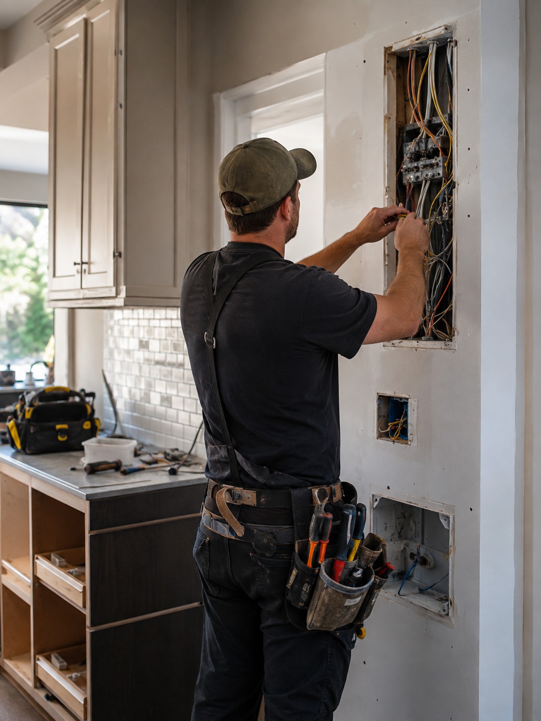 Licensed electrician working on kitchen wiring licensed electrician working on wiring during a kitchen remodel | Sky Rye Design licensed electrician working on wiring during a kitchen remodel