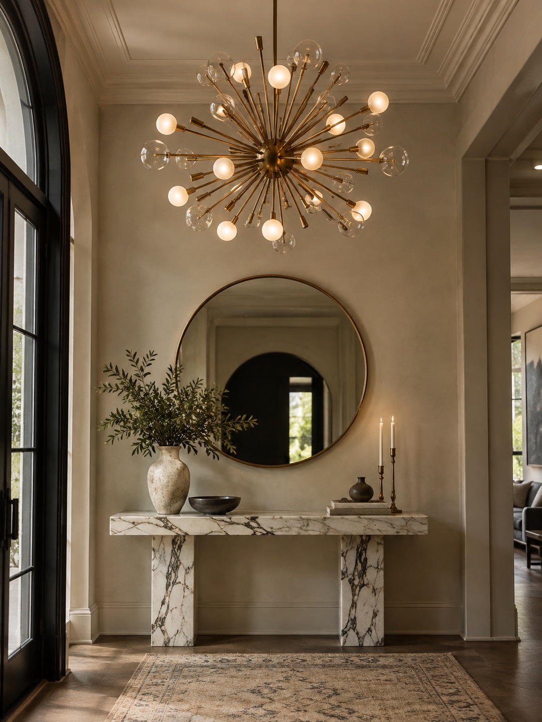 Sculptural sputnik chandelier above a marble console in a contemporary entryway