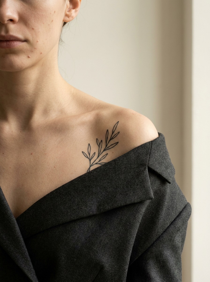 Subtle line-art tattoo placed along the collarbone edge of the shoulder