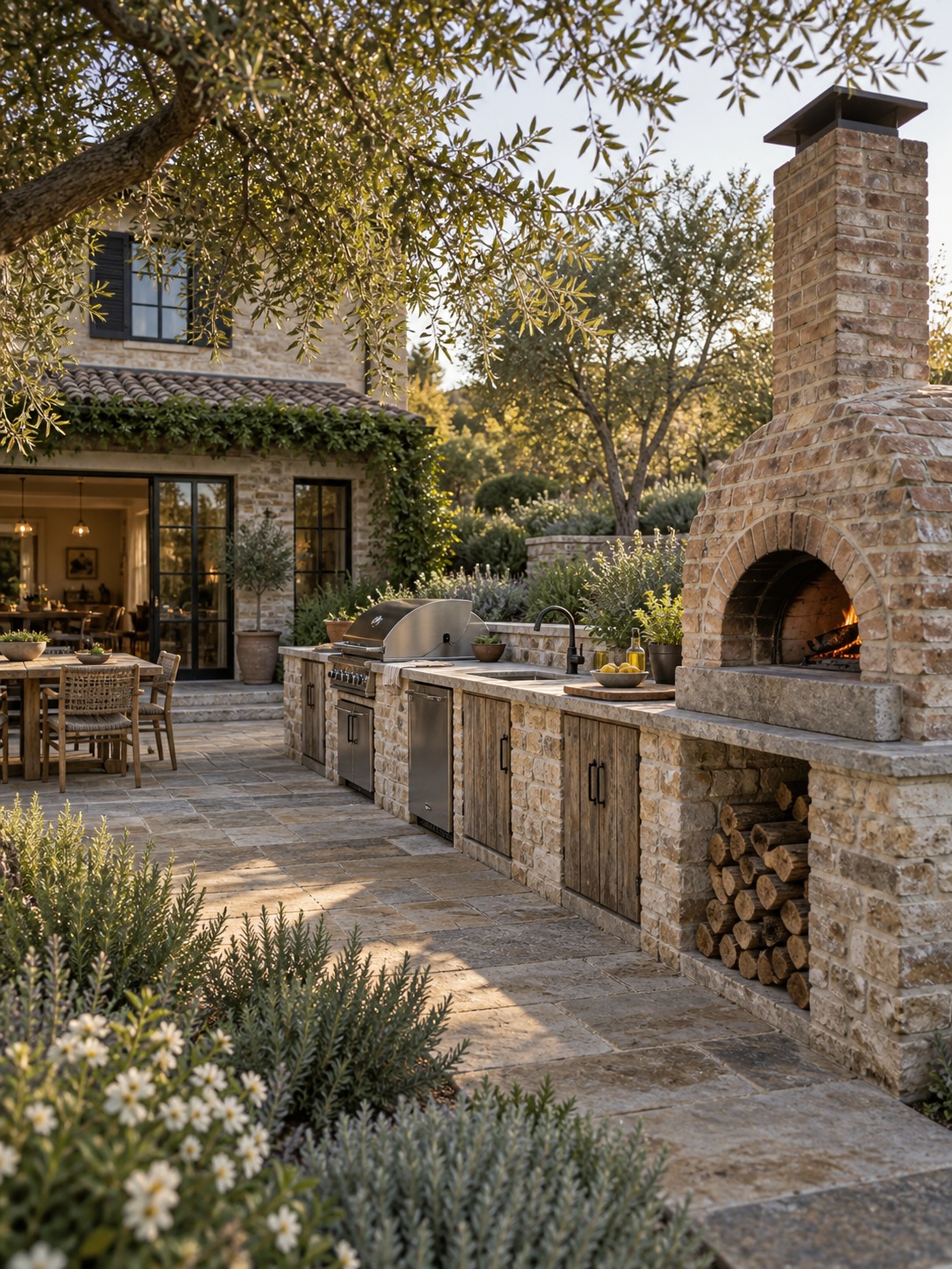Linear outdoor kitchen brick pizza oven Linear stone outdoor kitchen with a brick pizza oven at one end | Sky Rye Design Linear stone outdoor kitchen with a brick pizza oven at one end