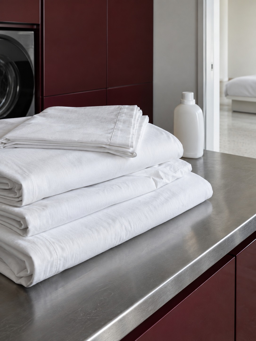 Fresh linen texture Folded white bedding beside a closed detergent bottle on a steel shelf | Sky Rye Design Folded white bedding beside a closed detergent bottle on a steel shelf