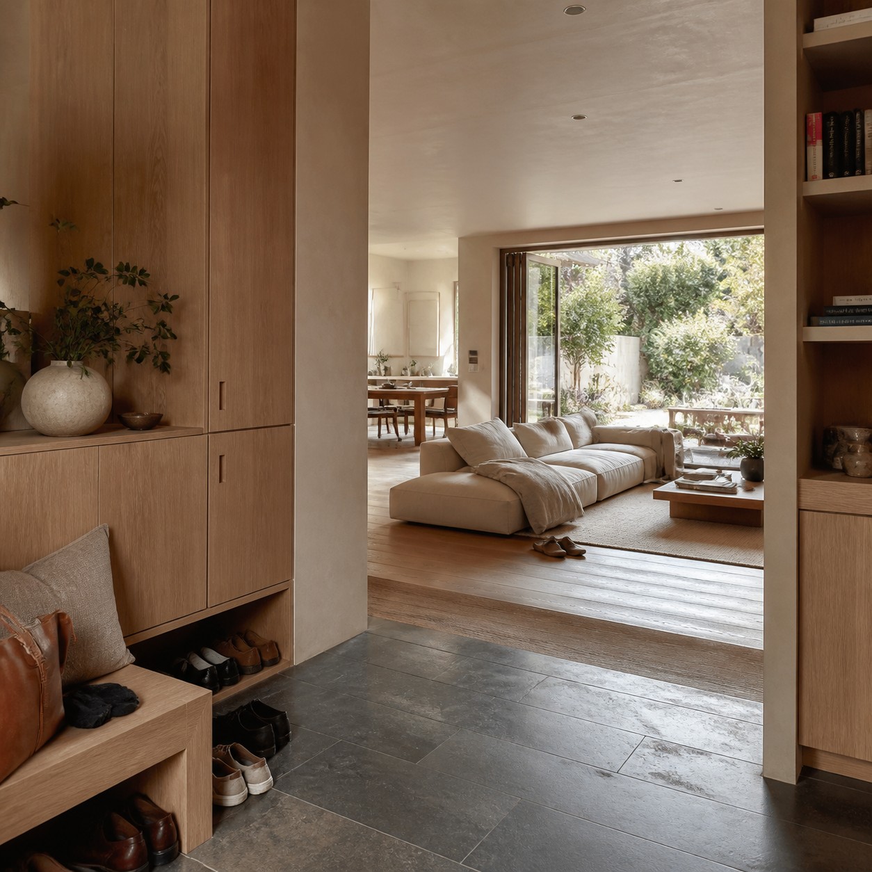 Lived-in modern family living space with built-in entry storage, low sofa, books, shoes, and garden daylight.