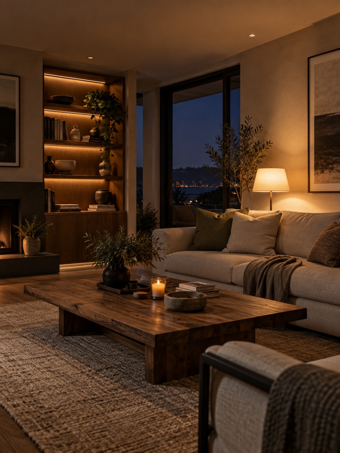 Evening living room with ambient wash, task lamp, and accent-lit shelving