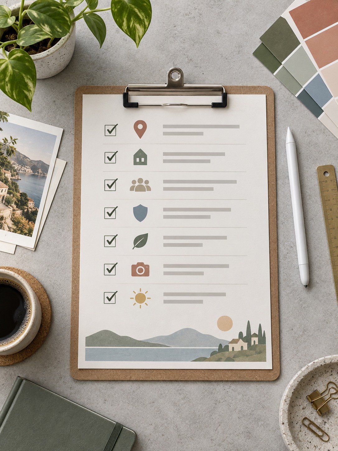 Locale Sign-Off Checklist Completed locale sign-off checklist on a clipboard surrounded by design tools | Sky Rye Design Completed locale sign-off checklist on a clipboard surrounded by design tools