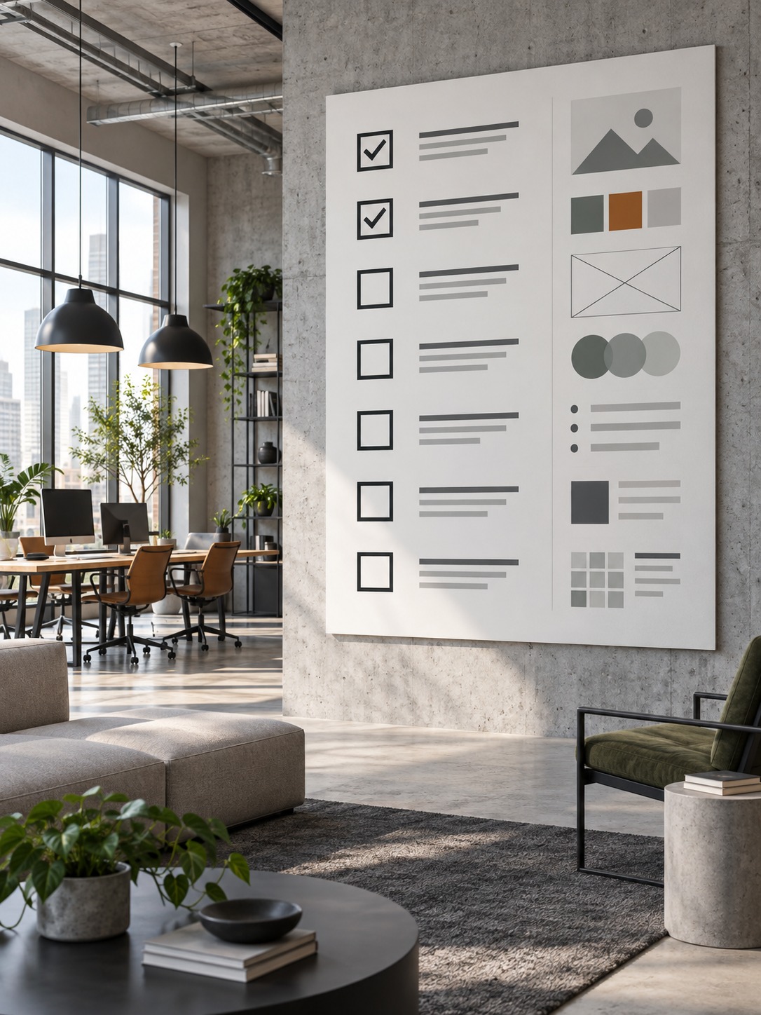 Localization QA Checklist in a UX Studio Modern UX studio with a large localization QA checklist mounted on a concrete wall | Sky Rye Design Modern UX studio with a large localization QA checklist mounted on a concrete wall