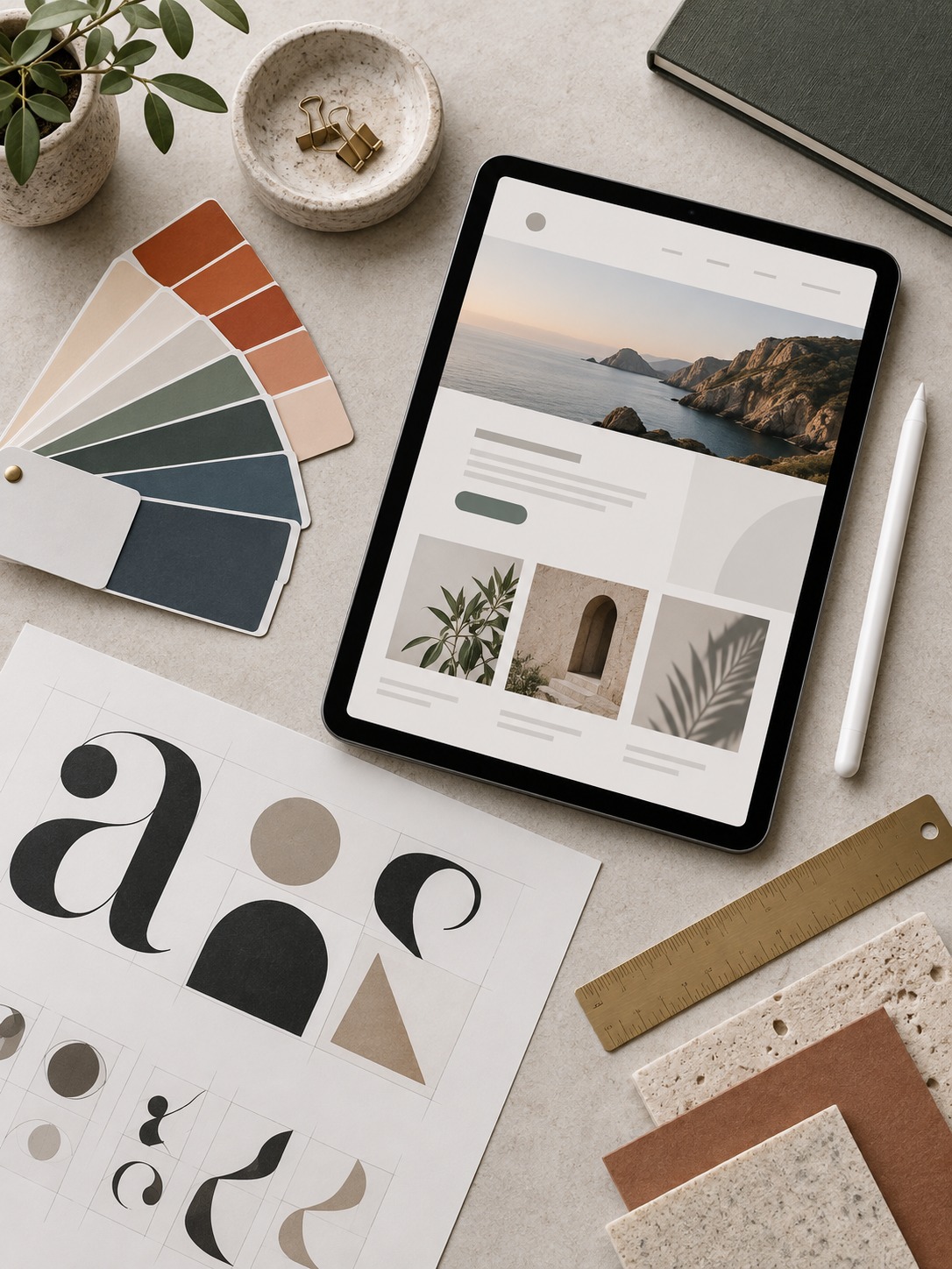Localized Landing Page Design Tools Design tools and typography samples arranged beside a localized landing page mockup | Sky Rye Design Design tools and typography samples arranged beside a localized landing page mockup