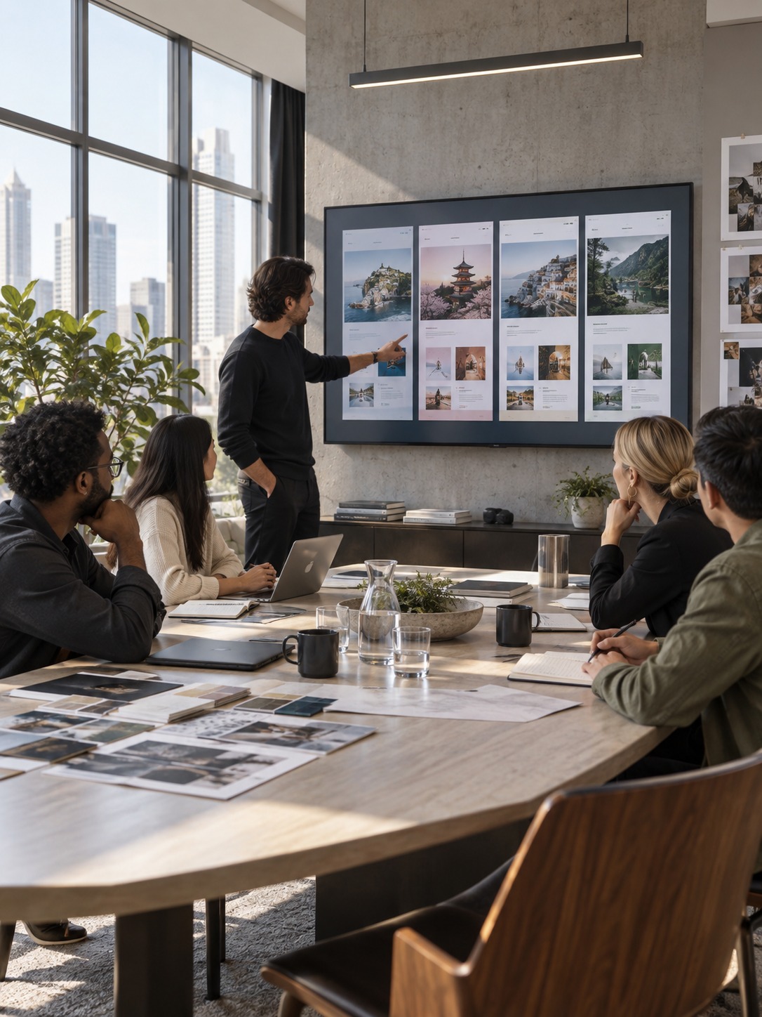 Localized Website Team Design Review Design team reviewing multiple localized website variants on a wall-mounted display | Sky Rye Design Design team reviewing multiple localized website variants on a wall-mounted display