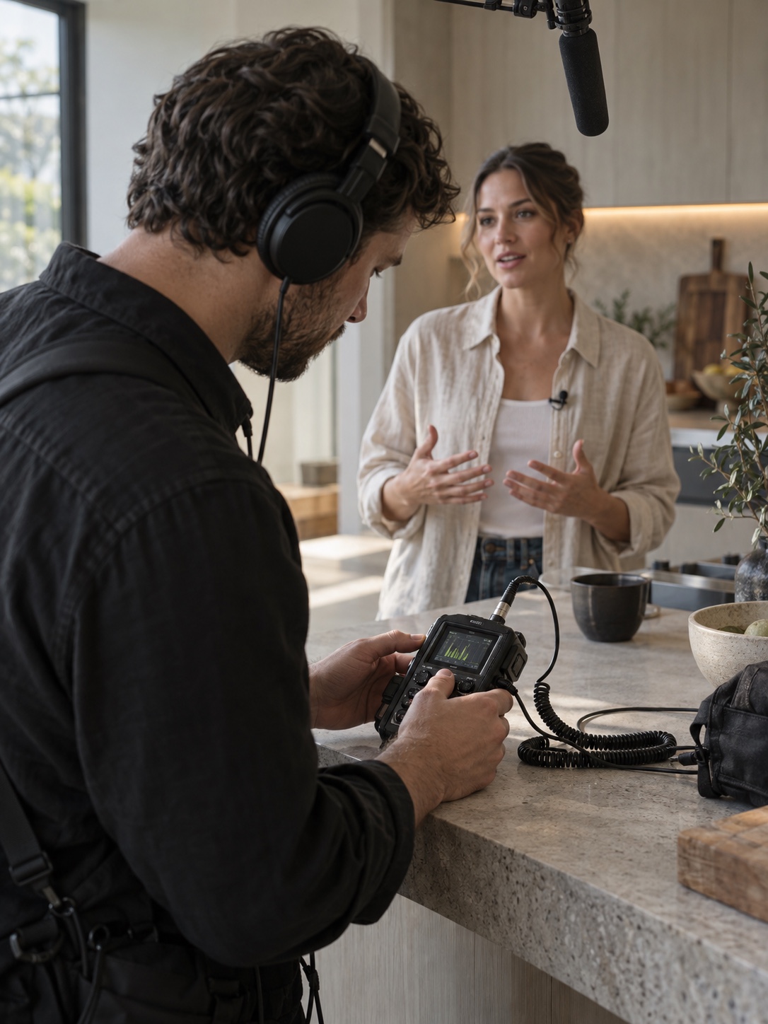 Location sound recording setup Boom microphone, lavalier, and field recorder capturing dialogue in a modern kitchen set. | Sky Rye Design Boom microphone, lavalier, and field recorder capturing dialogue in a modern kitchen set.