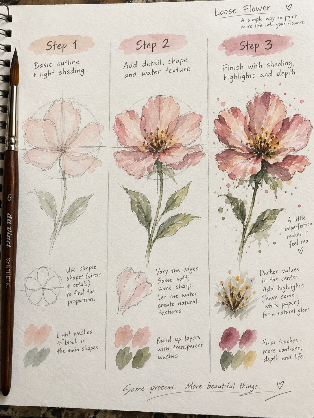 Loose Watercolor Flower Drawing Tutorial Three-step loose watercolor flower tutorial progressing from construction lines to layered pink petals, leaves, shading, and highlights. | Sky Rye Design Three-step loose watercolor flower tutorial progressing from construction lines to layered pink petals, leaves, shading, and highlights.