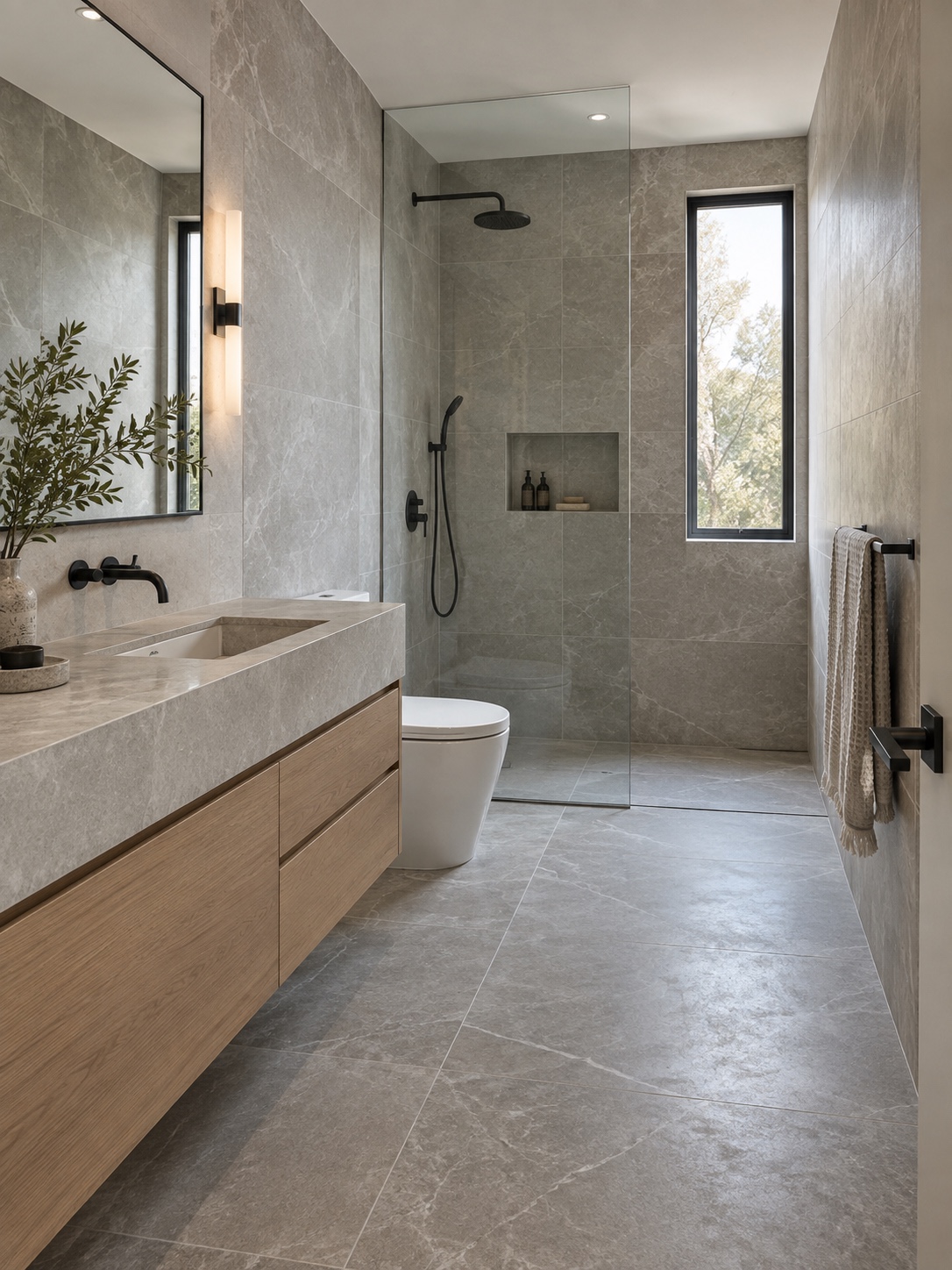 Modern rental bathroom with large neutral tiles and matte black fixtures