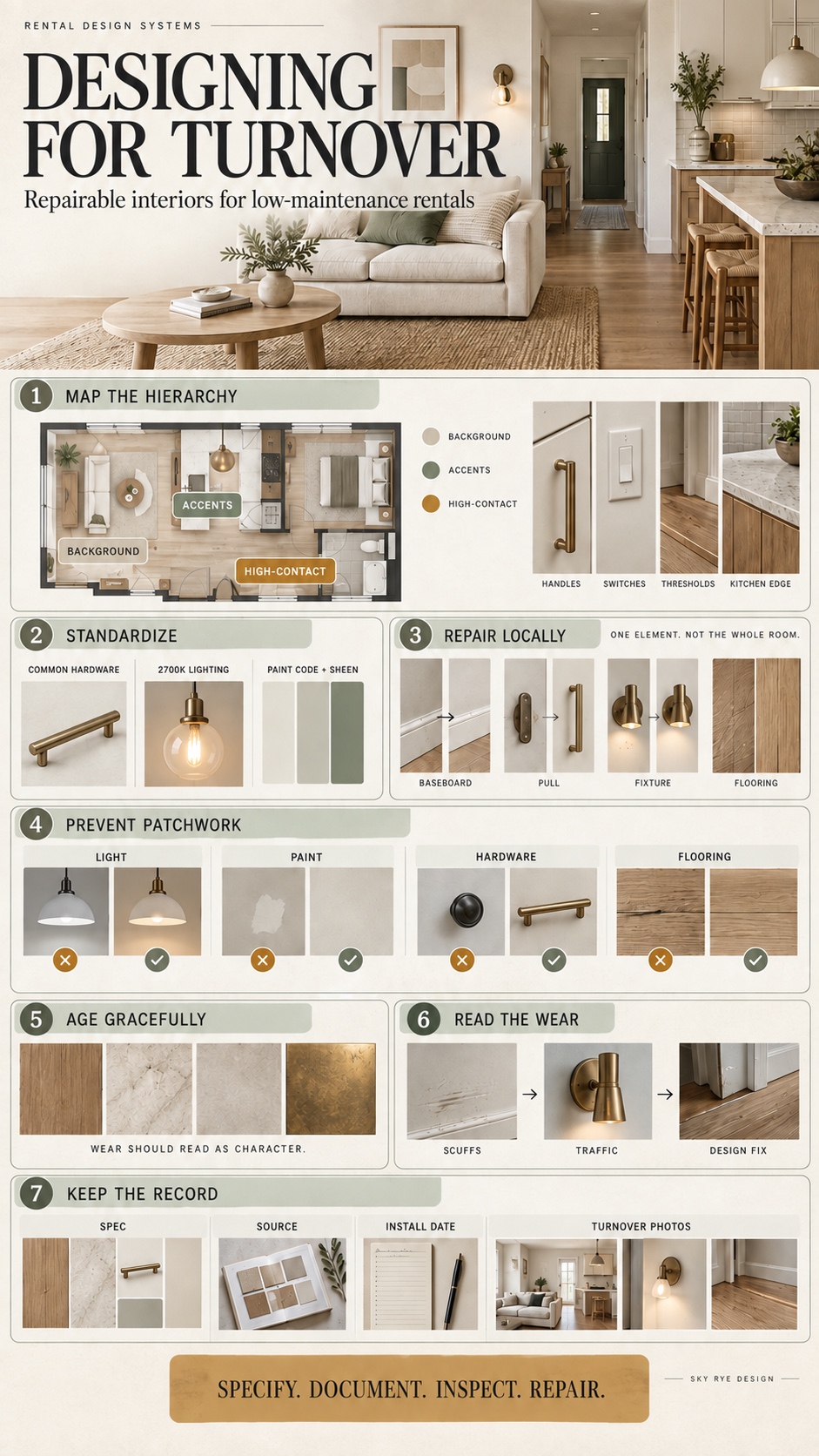 Infographic explaining how to design repairable, visually cohesive low-maintenance rental interiors