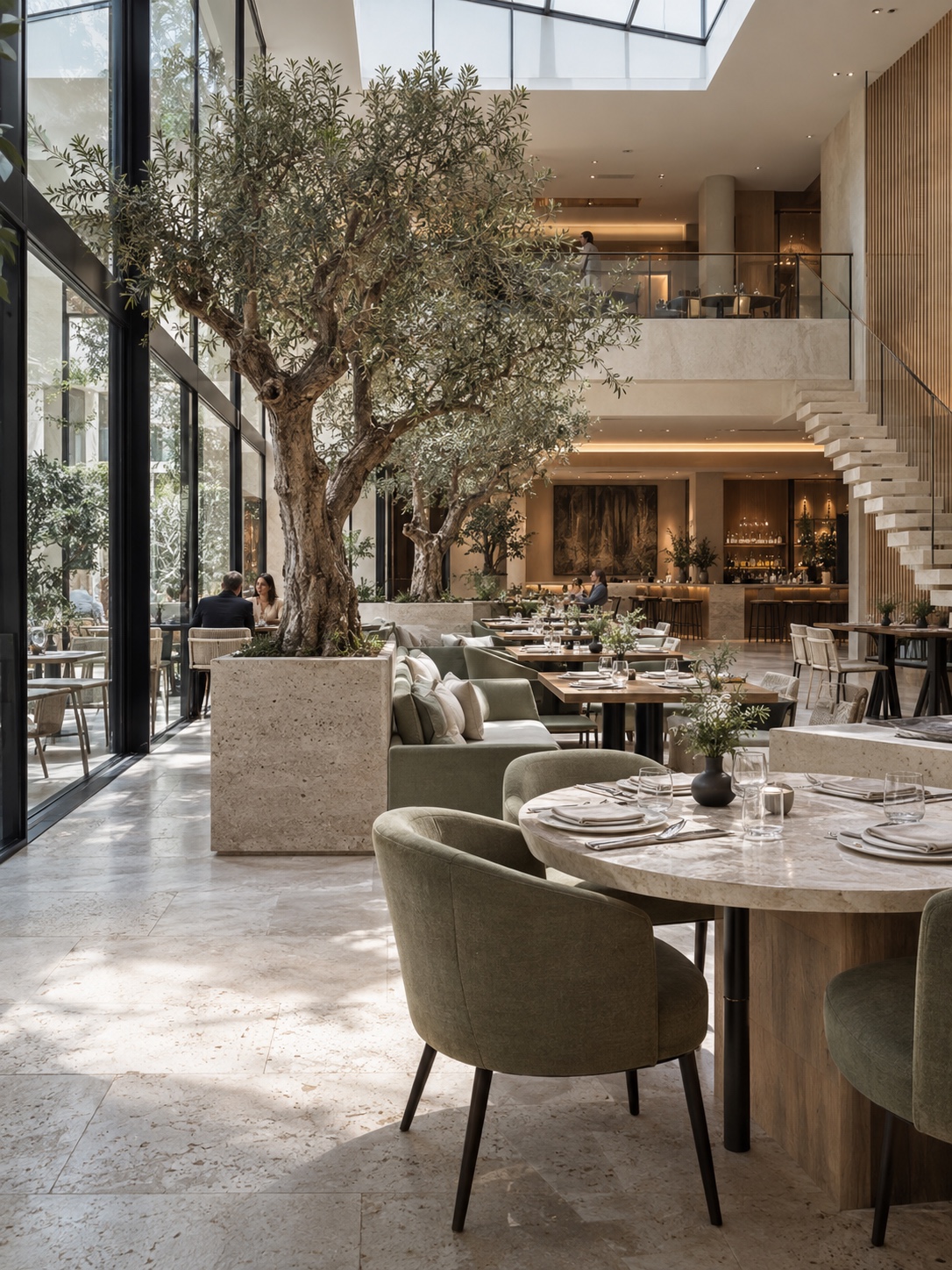 Luxury Atrium Restaurant Interior Ultra-modern luxury restaurant atrium with limestone, mature olive trees and skylight | Sky Rye Design Ultra-modern luxury restaurant atrium with limestone, mature olive trees and skylight