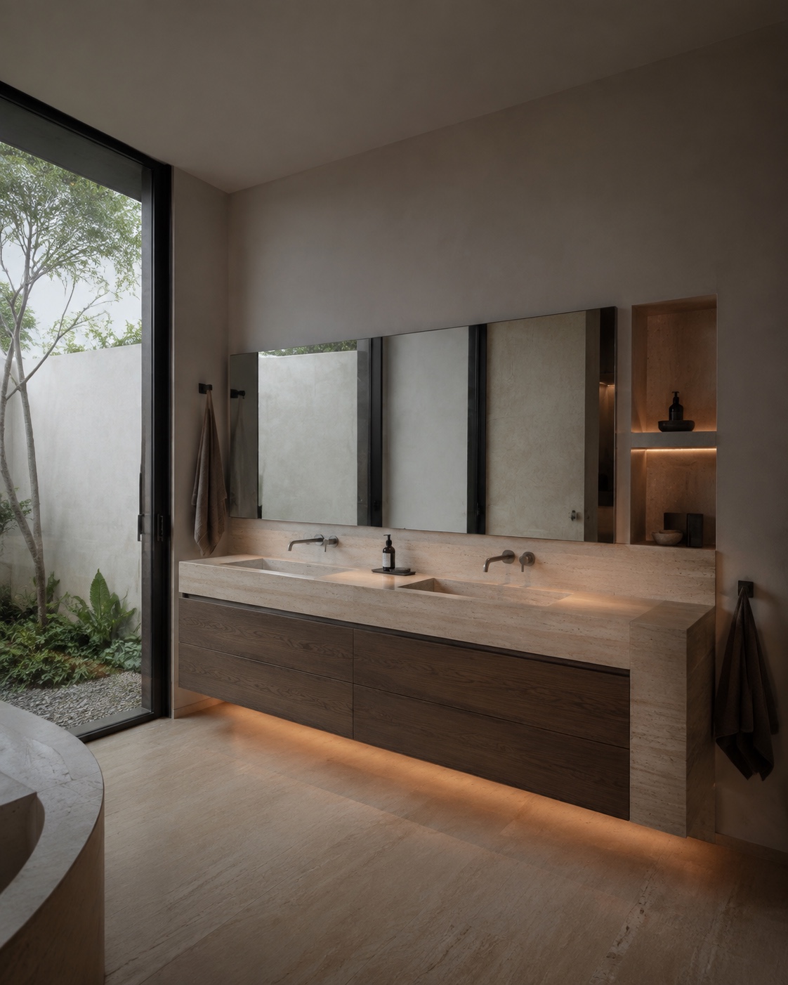 Luxury bathroom vanity units with floating double travertine counter, smoked walnut drawers and wall mounted faucets