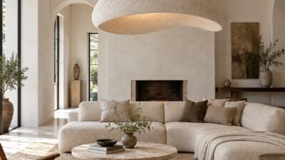Luxury living room with warm plaster walls, a low sofa, and an oversized sculptural pendant