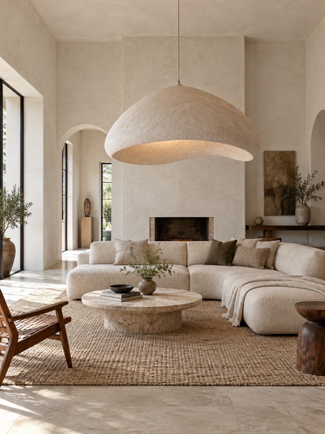 Luxury living room with warm plaster walls, a low sofa, and an oversized sculptural pendant