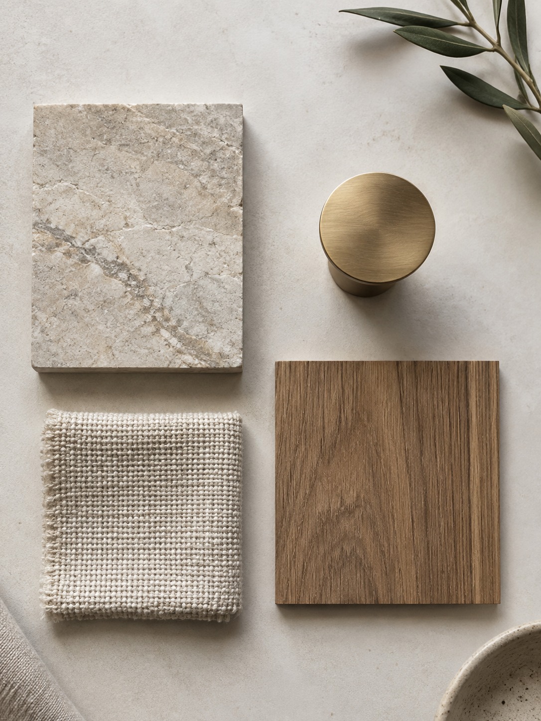 Material palette with stone, brass, wood veneer, and a textile swatch
