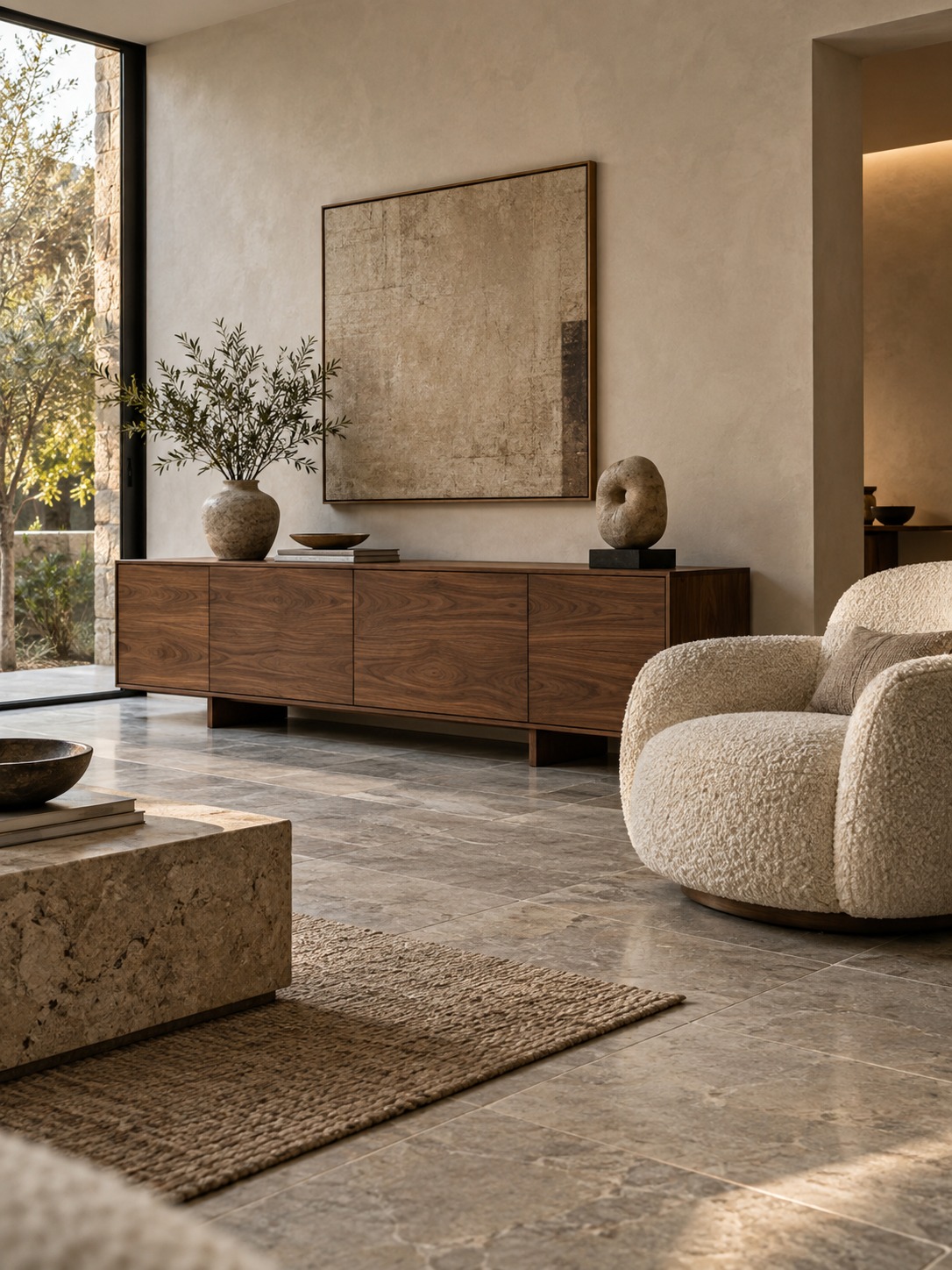 Modern living room combining honed stone, plaster, walnut, and boucle
