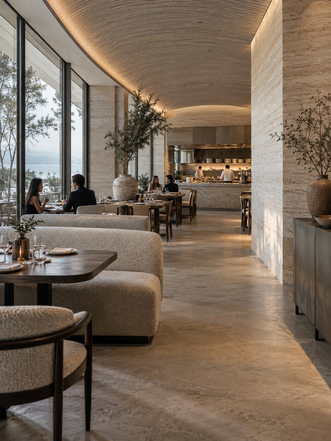 Luxury Travertine Restaurant Interior Ultra-modern luxury restaurant dining room with travertine walls and cream seating | Sky Rye Design Ultra-modern luxury restaurant dining room with travertine walls and cream seating