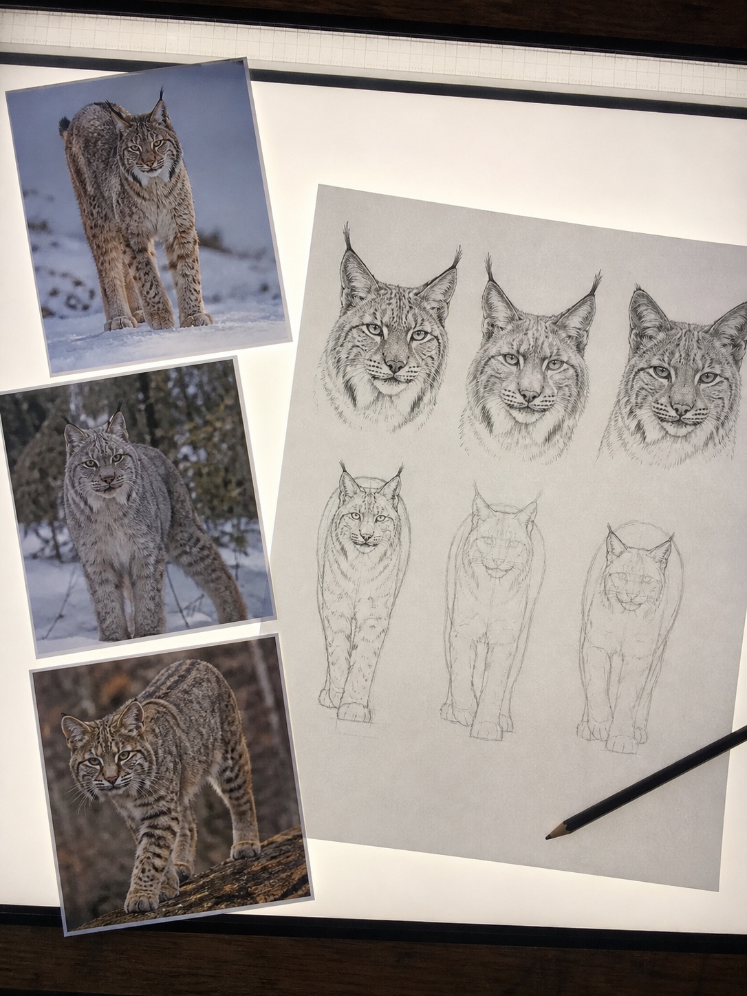 Reference photos for Eurasian lynx, Canada lynx, and bobcat arranged beside a comparison sketch.
