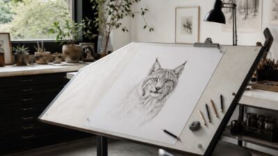 Art studio desk with a half-finished lynx graphite sketch, pencils, and eraser under soft daylight.