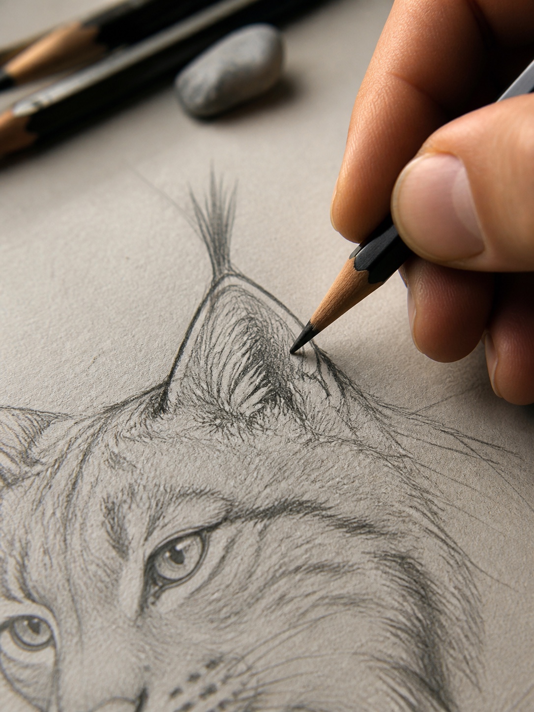 Close-up of a hand drawing the triangular ear and long tuft construction on a lynx sketch.
