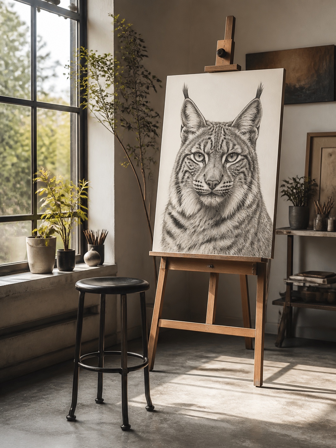 Stylish art studio corner with a wooden easel holding a finished lynx graphite portrait.
