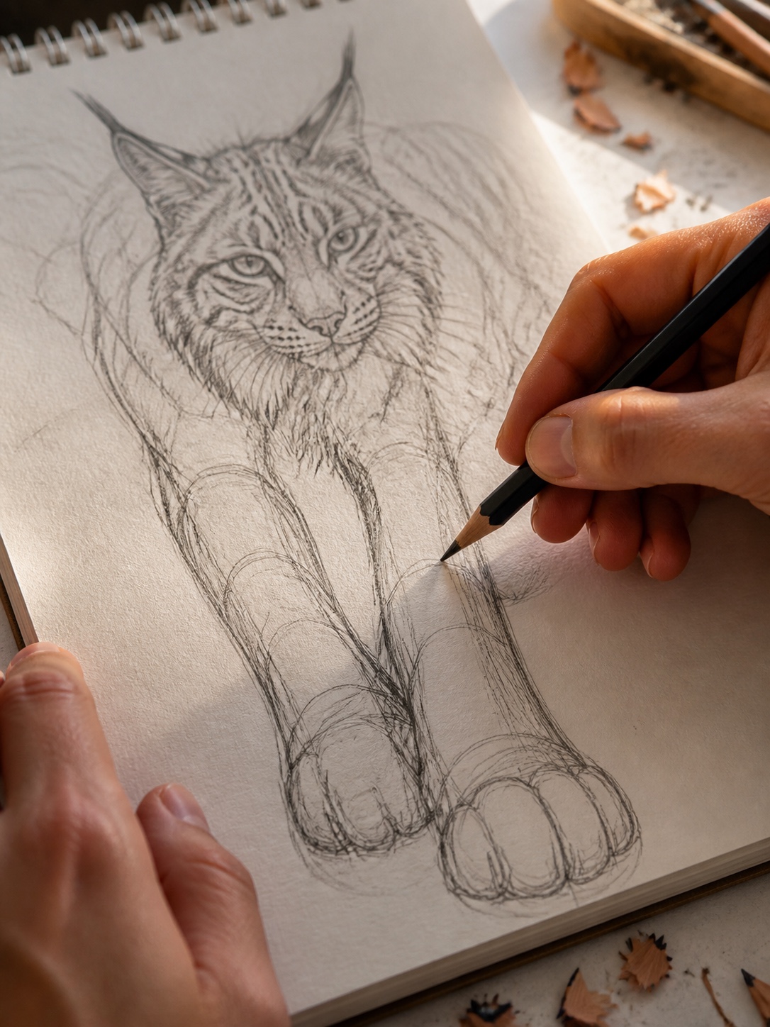 Hands blocking in the leg and oversized paw structure of a lynx sketch with visible construction guides.