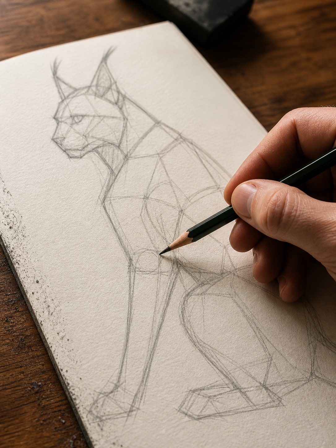 Artist blocking in the torso and head proportions of a lynx drawing on textured paper.
