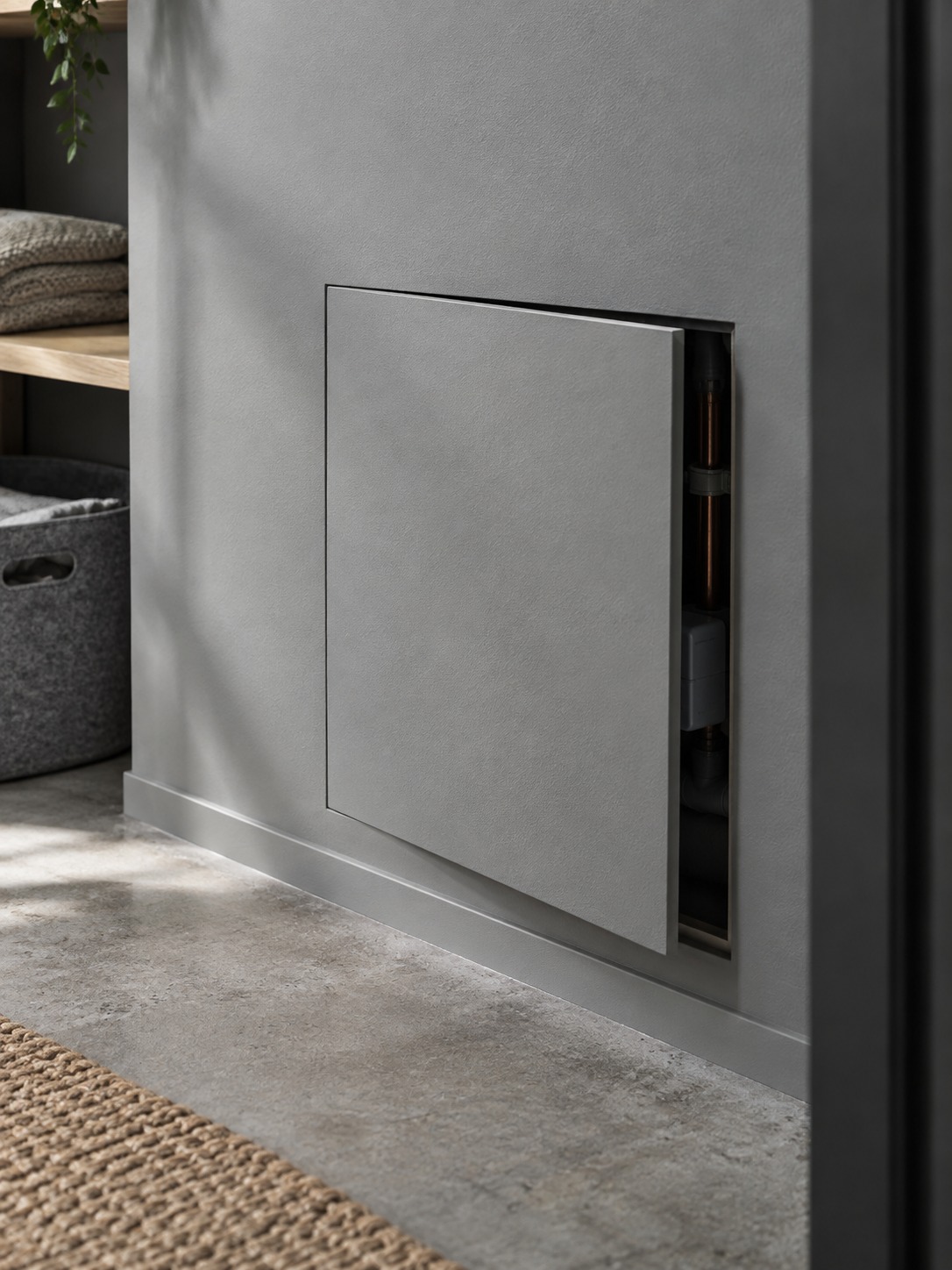 Magnetic utility closet access panel Removable magnetic access panel matched to a matte grey utility closet wall | Sky Rye Design Removable magnetic access panel matched to a matte grey utility closet wall