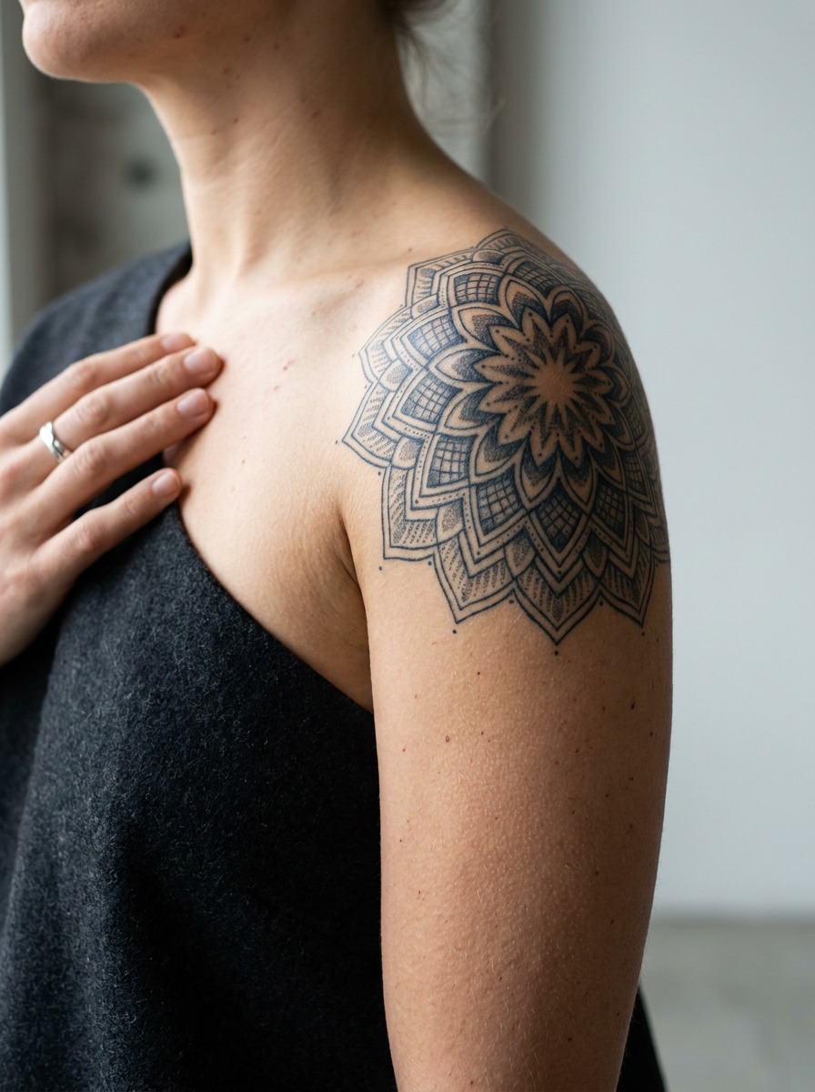 Mandala tattoo precisely wrapped over the rounded shoulder cap